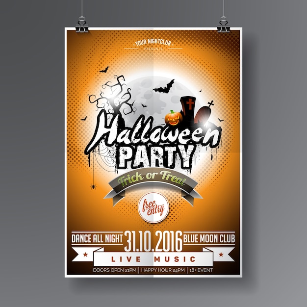 Vector vector halloween  party flyer design with typographic elements on orange background. graves, bats and moon.