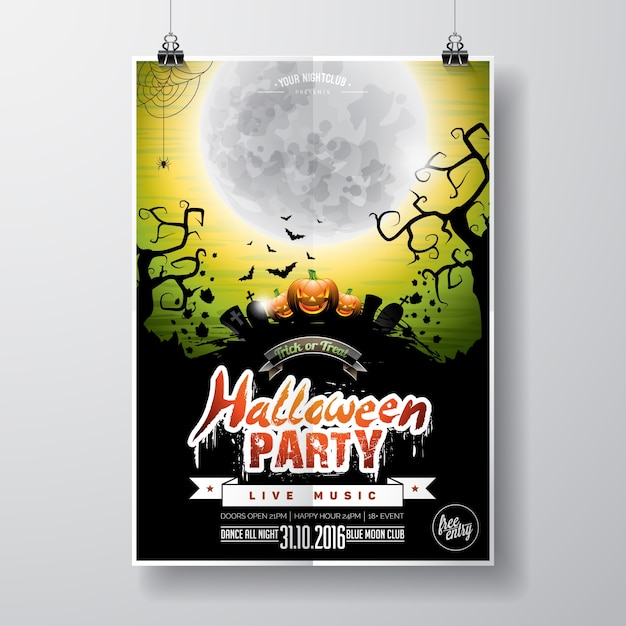 Vector halloween party flyer design con elementi tipografici e zucca su sfondo verde. graves, pipistrelli e luna.