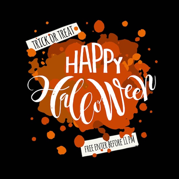 Вектор приглашение на вечеринку в честь хэллоуина. рука набросал слова «happy halloween» на текстурированном фоне. шаблон для партийного флаера или баннера, дизайн или печать. счастливый хэллоуин надписи типографии плакат