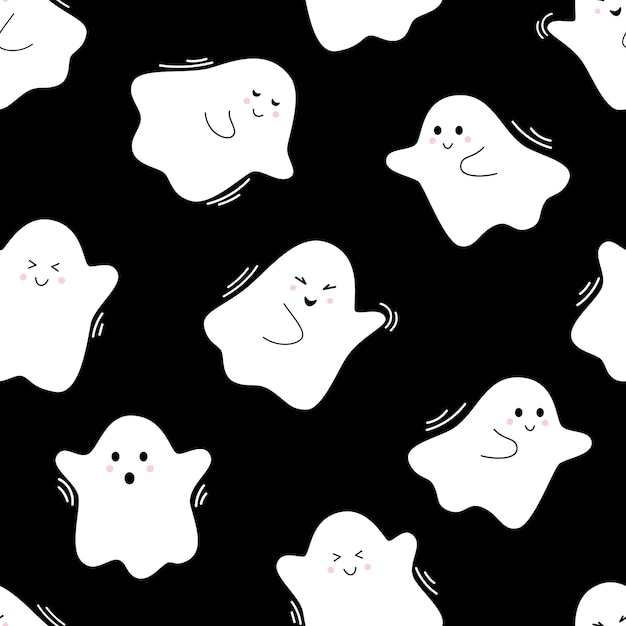 Vector halloween pattern with cute ghosts Flying spirits White phantoms on black background Doodle ghosts Seamless pattern