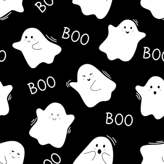 Vector halloween pattern with cute ghosts Flying spirits and word boo White phantoms on black background Doodle ghosts Seamless pattern