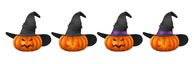 Vector Halloween pompoen met hekshoed Set Leuke Jackolanterns Gesneden pompoen gezicht