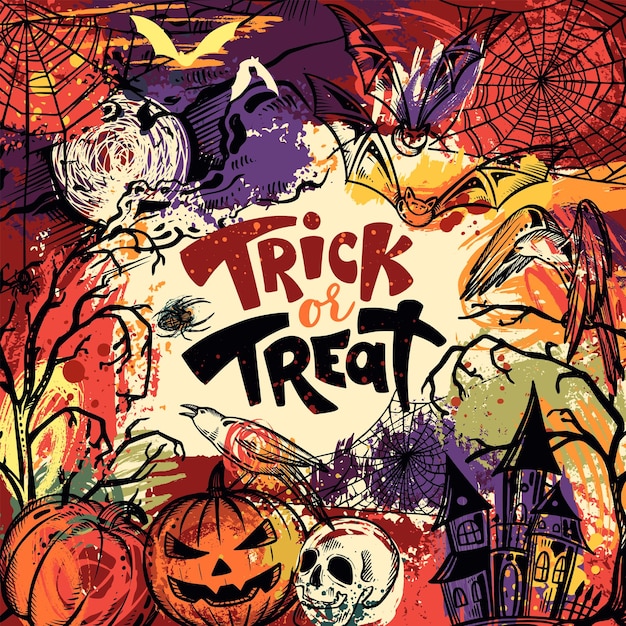 Vector Halloween premade poster with hand drawn elements handwritten phrase and abstract texture
