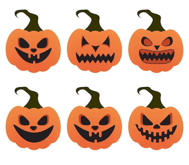 Vector Halloween pumpkins with scary face, Set of 6 Halloween pumpkin, orange Halloween pumpkins