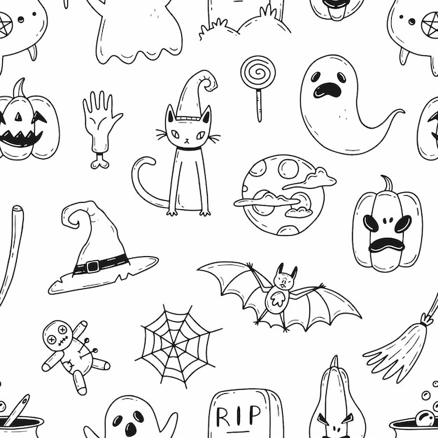 Vettore halloween modello bianco e nero senza soluzione di continuità con elementi in stile doodle dei cartoni animati