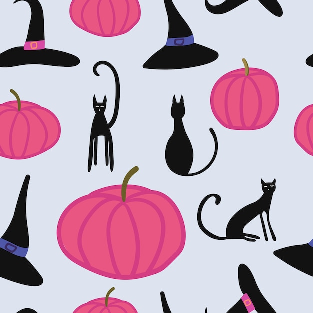 Vector halloween seamless pattern black cat pumpkin witch hat design for halloween decor textile wrapping paper wallpapers sticker greeting cards