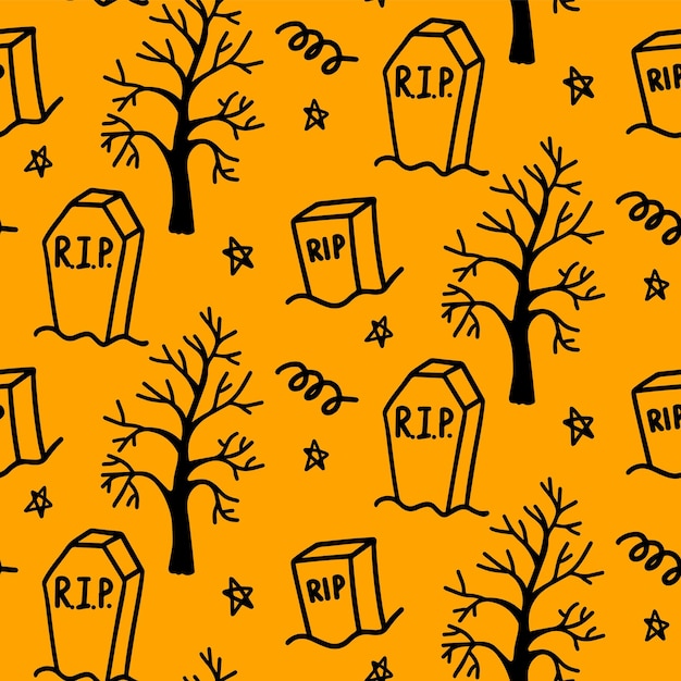 Vector halloween seamless pattern cimitero con tombe in legno secco cielo notturno stelle e riccioli scarabocchio astratto illustrazione per design stagionale decorazione tessile sala giochi per bambini o biglietto di auguri