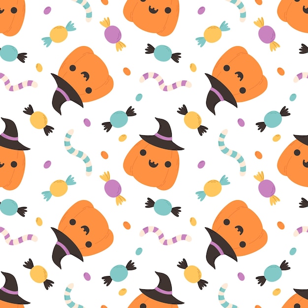 Vector vector halloween seamless pattern pumpkin and candies trick or treat background