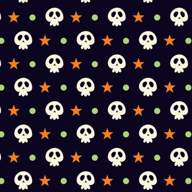 Vector halloween seamless pattern with skull Spooky print with colorful figures in flat style Creepy holiday aesthetic background