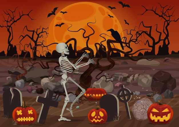 Vector halloween skeleton walking near the cemetery near pumpkins and horror forest in night.