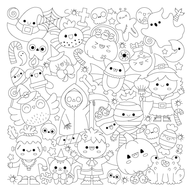 Vector Halloween square line coloring page for kids with cute kawaii characters Black and white autumn holiday illustration with witch vampire ghost pumpkin Funny searching game