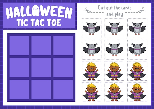 Vector Halloween tic tac toe chart with bat and vampire Samhain party board game playing field with cute kawaii characters Funny autumn holiday printable worksheet Noughts and crosses grid