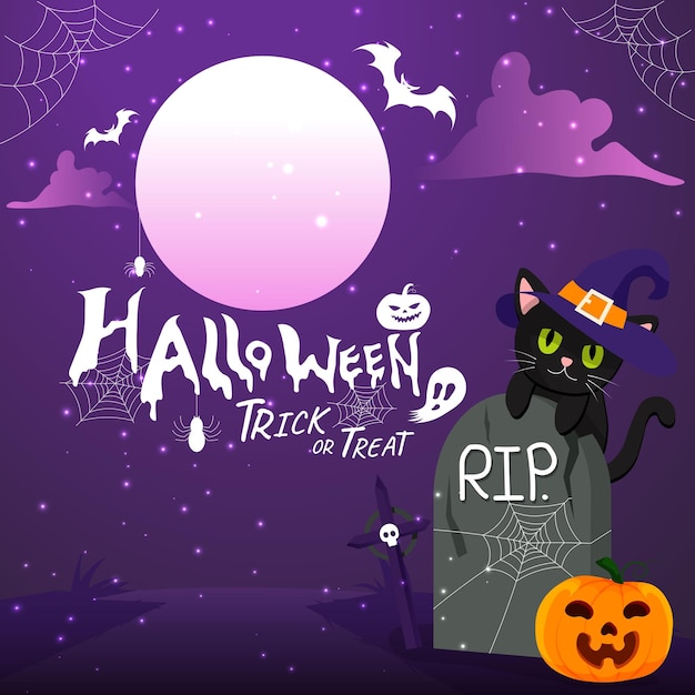 Vector halloween trick or treat road to rip with black cat