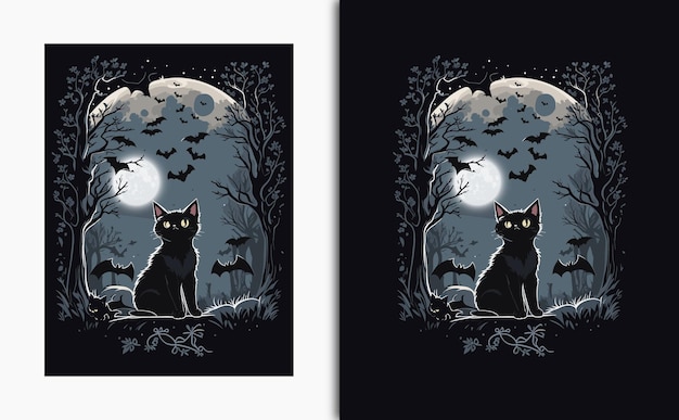 Vector halloween tshirt design with black outlines a cute black cat full moon bats flying in the