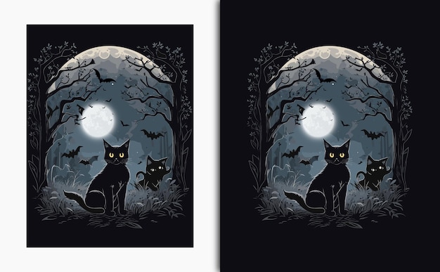 검은 윤곽선이 있는 벡터 할로윈 티셔츠 디자인에는 귀여운 검은 고양이 보름달 박쥐가 날아다니는 모습이 그려져 있습니다.