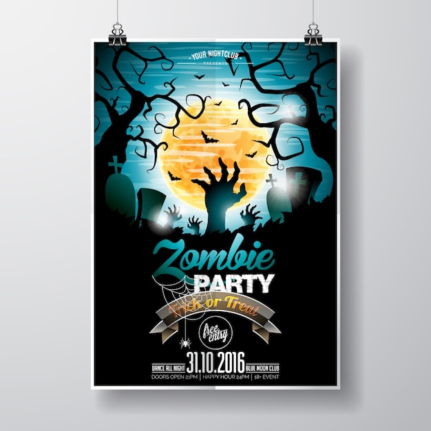 Vector halloween zombi party flyer design con elementi tipografici su sfondo blu. graves e luna.