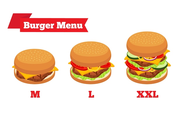 Vector hamburger menu with ingredients, sizes