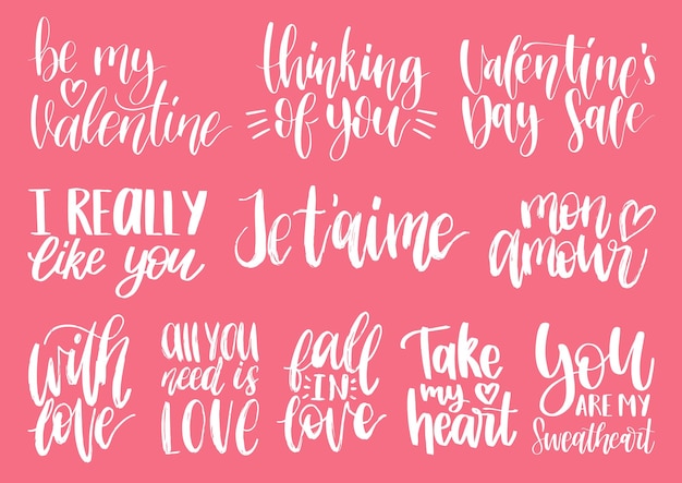 Vector vector hand belettering zinnen take my heart, hugs and kisses enz. 14 februari kalligrafie set. valentijnsdag typografie.