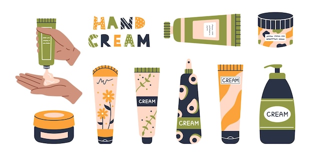 Vector hand cream set Beauty and skincare Tubes of cream jurs and sprays Swarthy hand squeezes a tube of cream