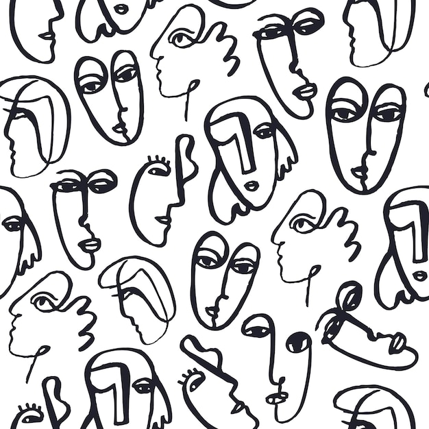 Vector hand dawn faces seamless pattern. Ink painted abstract cubism people background, doodle, sketch, art poster. Modern abstract faces.