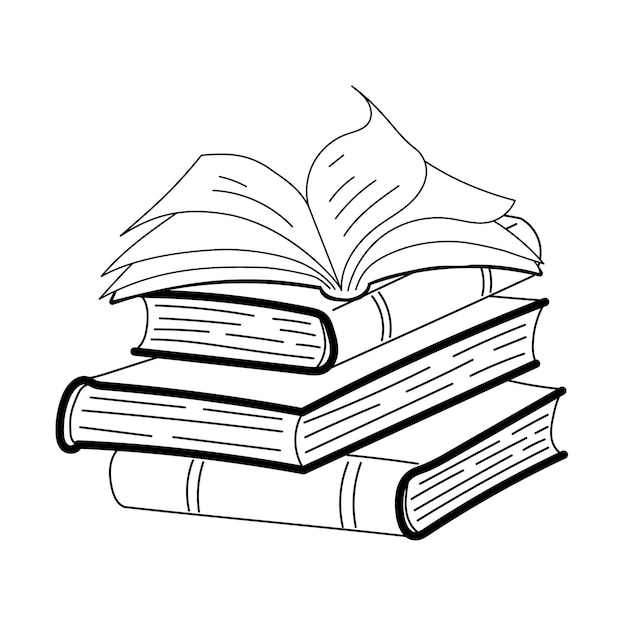 Vector hand draw open book lying on high stack of books isolated