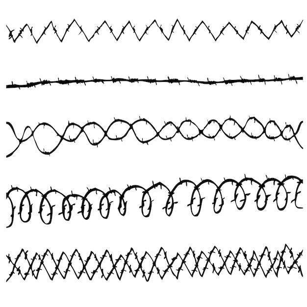 Векторный ручной рисунок различных серебряных бесшовных колючих проволок