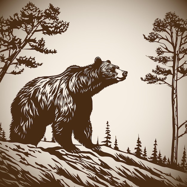 Orso disegno a mano vettoriale a piedi paesaggio vintage