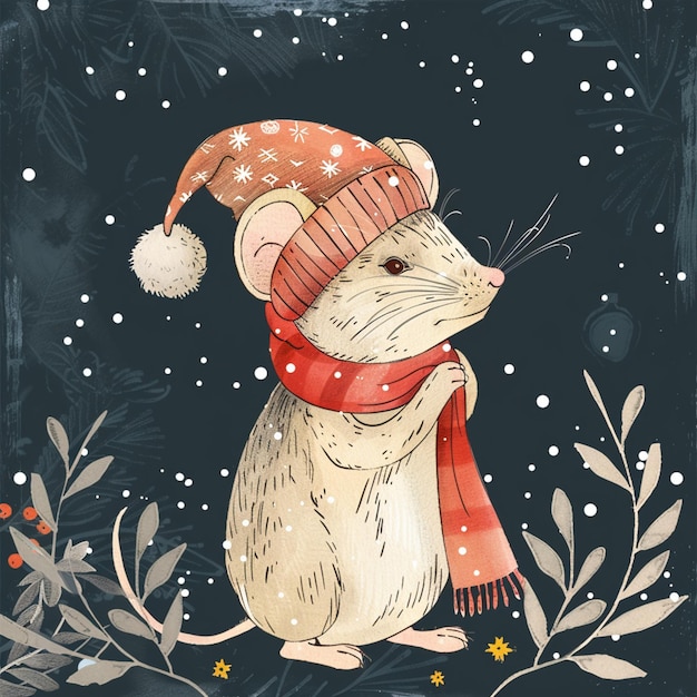 Vector hand drawing cute winter mouse new year and merry christmas concept