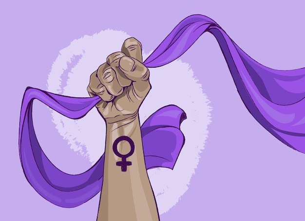 Vector hand drawing of a feminist fist with ribbon