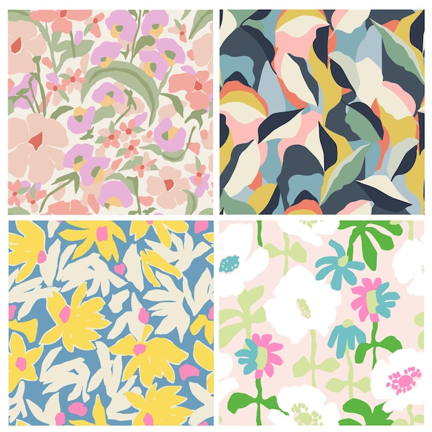 Vector hand drawing flower illustration seamless repeat pattern 4 designs set