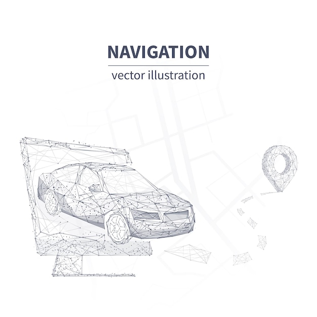 Vector hand drawing illustration of car phone and navigator pin Polygonal 3d car