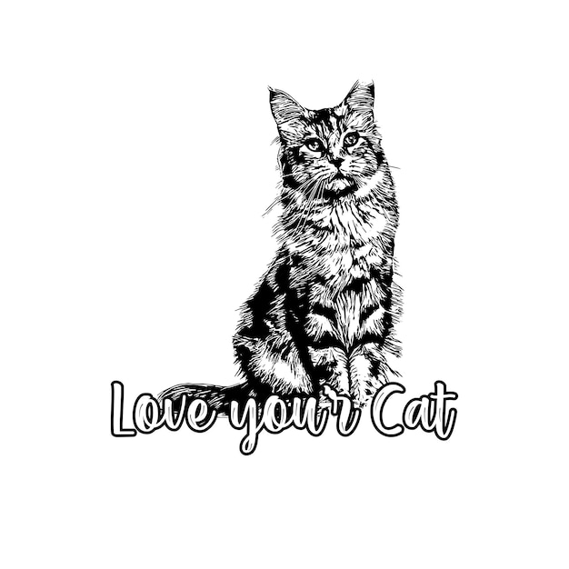 Vector Hand drawing illustration silhouette line art style cat on white background