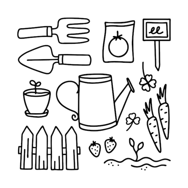 Vector vector hand drawing set of gardening tools and equipment