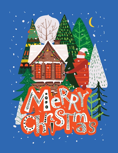 Вектор рука рисунок модные абстрактные иллюстрации праздничных карточек с Рождеством и новым годом с елкой, зимним лесом, домом, людьми и буквами.