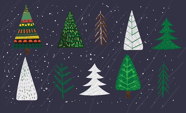 Disegno a mano di vettore illustrazioni astratte alla moda di biglietto di auguri di buon natale e felice anno nuovo 2022 con albero di natale, foresta invernale e scritte.