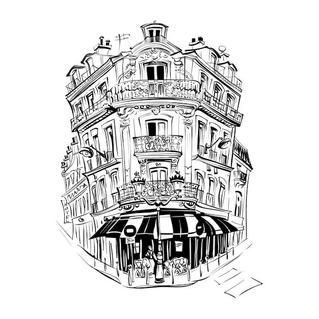 Vector hand drawing Typical parisain house with cafe and lanterns Paris France