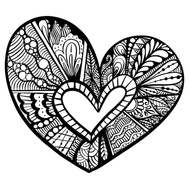 vector hand drawn black hearts in zentangle style zen doodle pattern for coloring book valentine's day background coloring monochrome page for adult anti stress
