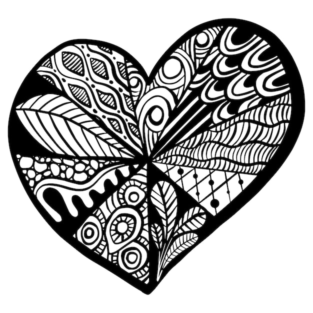 Vector vector hand drawn black hearts in zentangle style zen doodle pattern for coloring book valentine's day background coloring monochrome page for adult anti stress