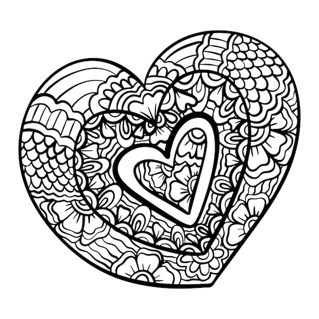 Vector hand drawn black hearts in zentangle style zen doodle pattern for coloring book valentines da