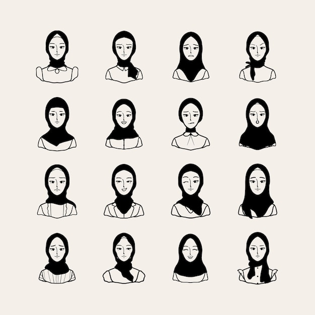 Vector vector hand drawn black and white doodle beauty girl hijab collection