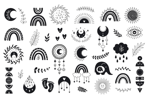 Vector hand drawn boho clipart for nursery decoration with cute rainbows