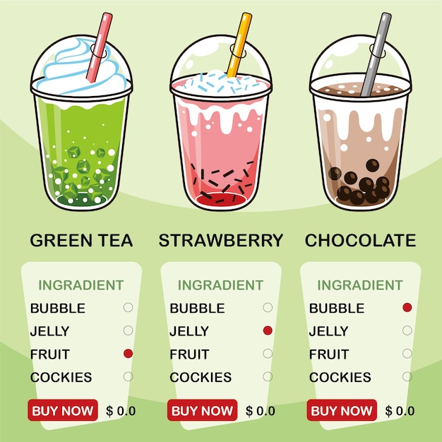 Vector hand drawn bubble tea flavors