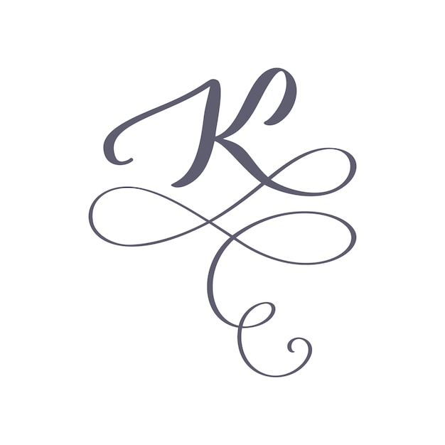 Vector Hand Drawn calligraphic floral K monogram or logo Uppercase Hand Lettering Letter K swirls