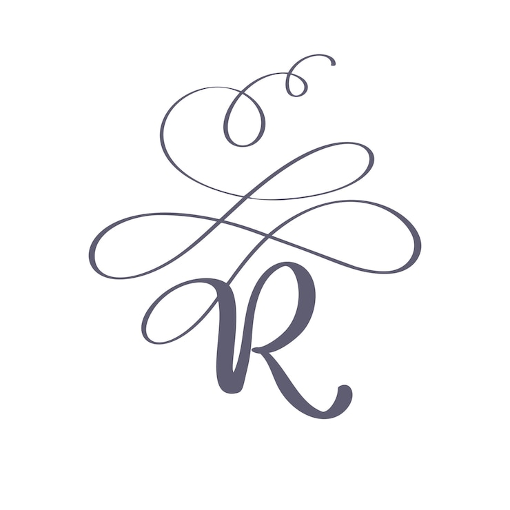 Vector vector hand drawn calligraphic floral r monogram or logo uppercase hand lettering letter r swirls