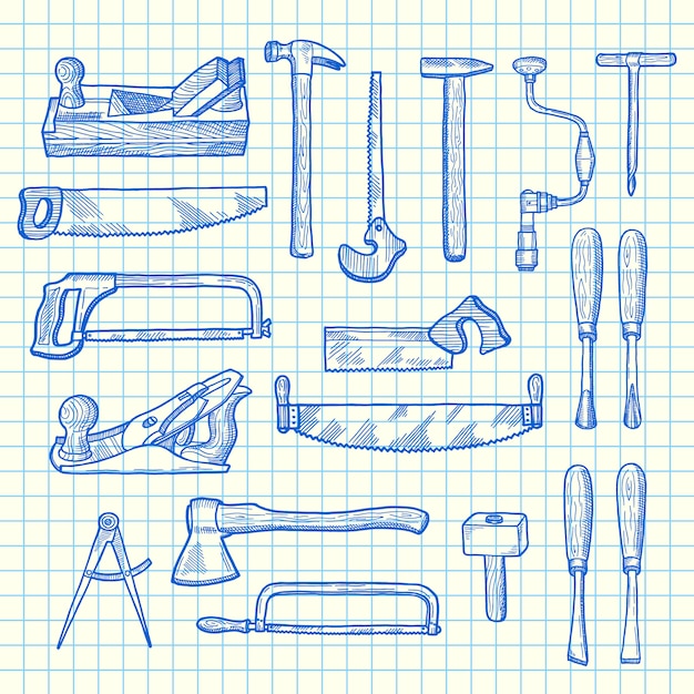 Векторные элементы рисованной столярные набор на листе голубой клетки