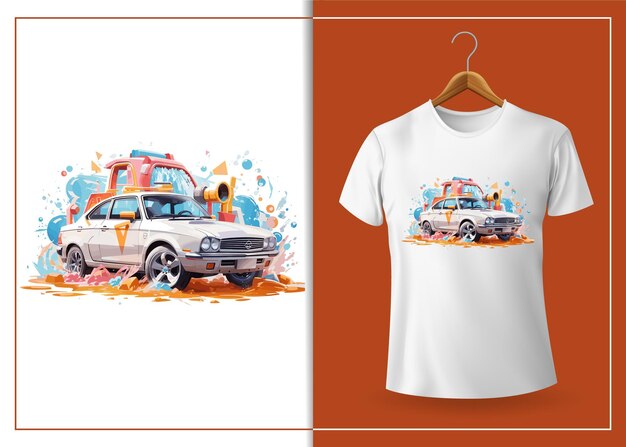 Vector Hand Drawn Cartoon Car Wash Logo Tshirt Design