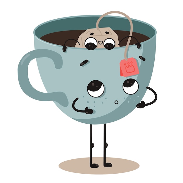 Vector hand drawn cartoon cute illustration Tea cup with tea bag