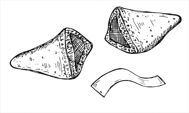 ベクトル手描きの中国のフォーチュンクッキーのクリップアート内部に白紙の切れ端のクッキー