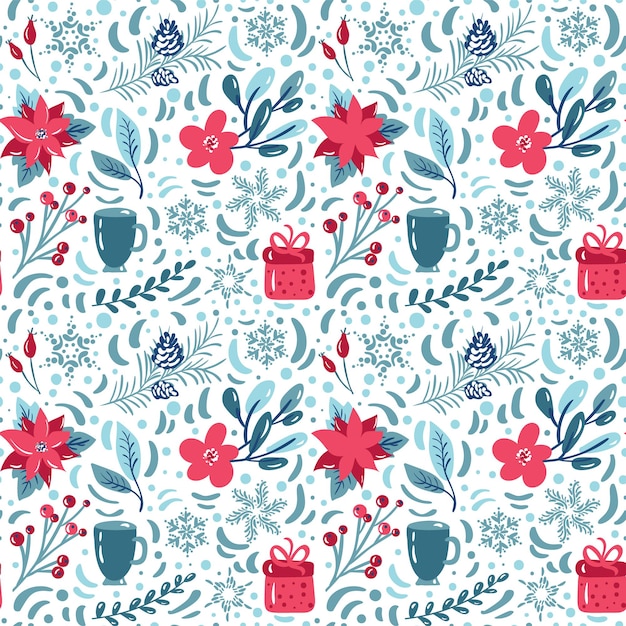 Vector hand drawn christmas seamless pattern with cute cups, winter flowers and branch elements.