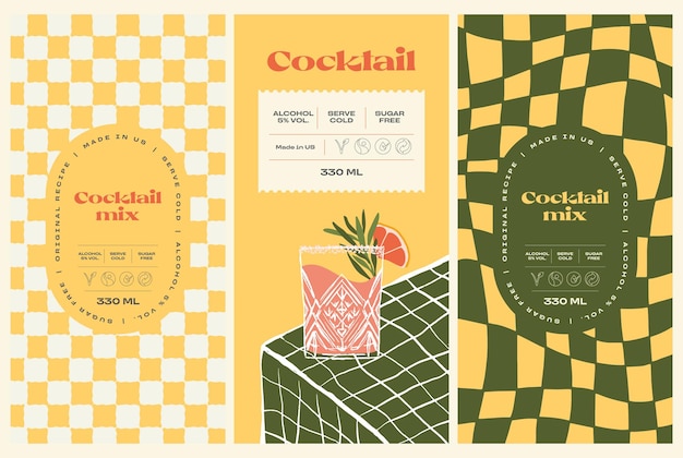Modello di disegno di etichetta per imballaggio di cocktail disegnato a mano vettoriale impostato per bar o ristorante